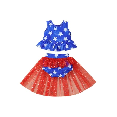 

CenturyX 2Pcs Independence Day Little Girls Outfit Star Round Collar Sleeveless Flouncing Tops + Mesh Skirt Splicing Shorts 6M-4T Red Blue 18-24 Months