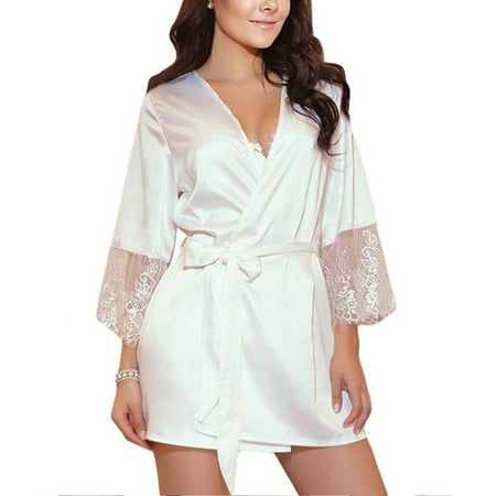 RUTAYY Women Silk Kimono Satin Dressing Gown Bath Robe Lace Lingerie Nightdress Home Intimates Relaxed Fit