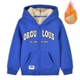 thumbnail image 2 of eczipvz Boys Zip‑Up Hooded Jacket Sherpa Lined Warm Long Sleeve Hoodie With Letter Print Front Pockets For Fall Winter Casual Wear Blue 4-5 Years, 2 of 4