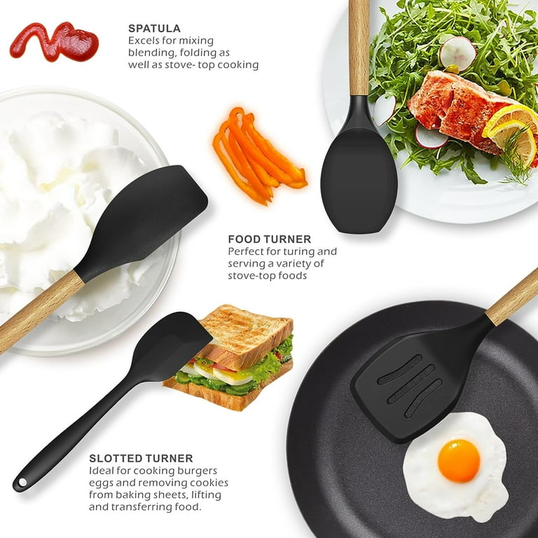 oannao Silicone Cooking Utensils Kitchen Utensil Set - 446°F Heat  Resistant,Turner Tongs,Spatula,Spoon,Brush,Whisk. Wooden Handles Black  Kitchen