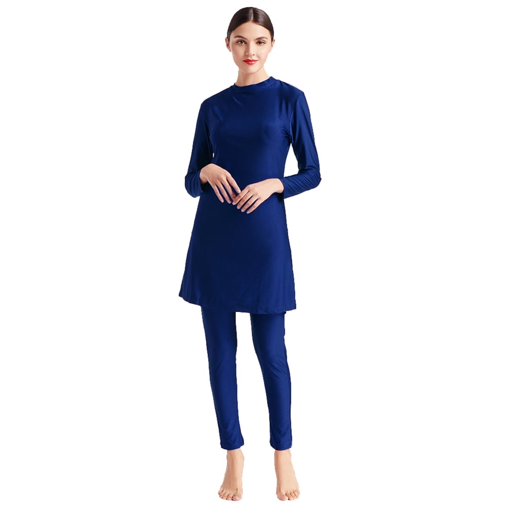 IBTOM CASTLE Women Muslim Burkini Swimsuits Modest Swimwear Islamic Long Sleeve Full Cover Hijab Swim Top Pants Plain ​Bathing Suit 3XL Dark Blue