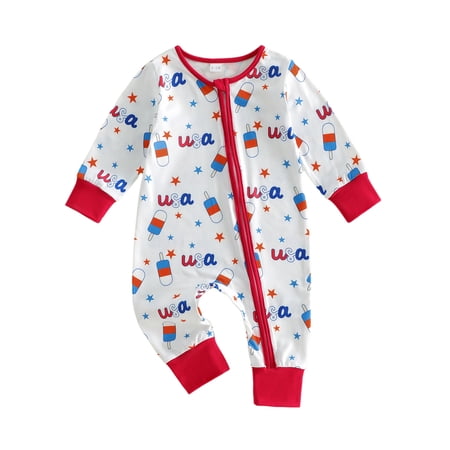 VOUZZA Baby Romper 4th of July Ice Cream Print Zipper Long Sleeve Independence Day Jumpsuit