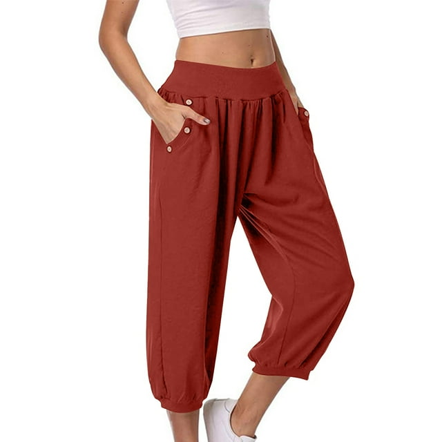 Timegard Womens Capri Pants Elastic High Waist Button Comfy Solid Color Casual Crop Pants with Pockets