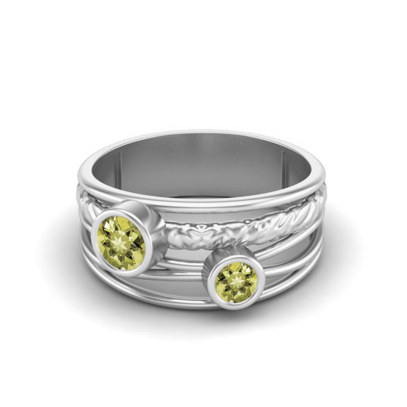 4mm Round Lemon Quartz Handmade Split Shank Band 925 Sterling Silver Dual Stone Women Mother's Day Gift Ring