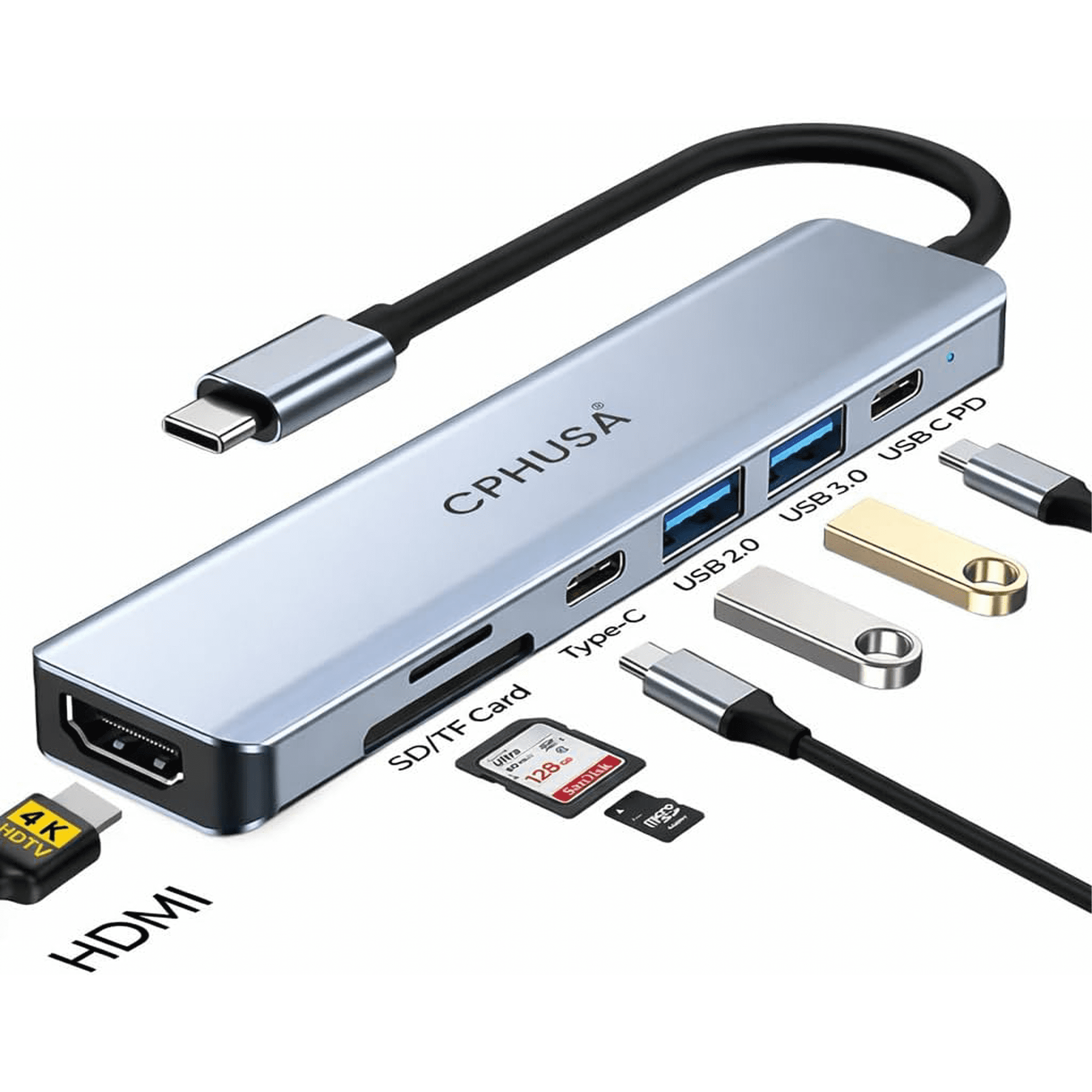 IST Computers USB-C Hub 7-in-1 Multiport Adapter 4K@30Hz HDMI USB 3.0/USB 2.0/100W PD Charging Blue Color