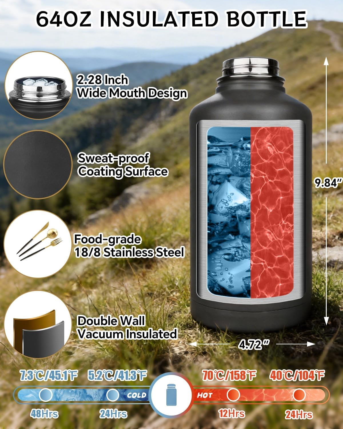 Half Gallon Water Bottle Insulated with Sleeve-64 oz Stainless Steel Water Jug with Strap Paracord Handle Metal Sport GYM Water Bottles for Men Women Hunting Hiking Travel Biking Camo CP
