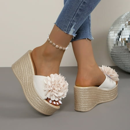 

Korean Style Women‘s Sandals and Slippers 2024 Summer New Flower Cloth Surface Waterproof Platform Thick Bottom Wedge Outer Wear Slippers