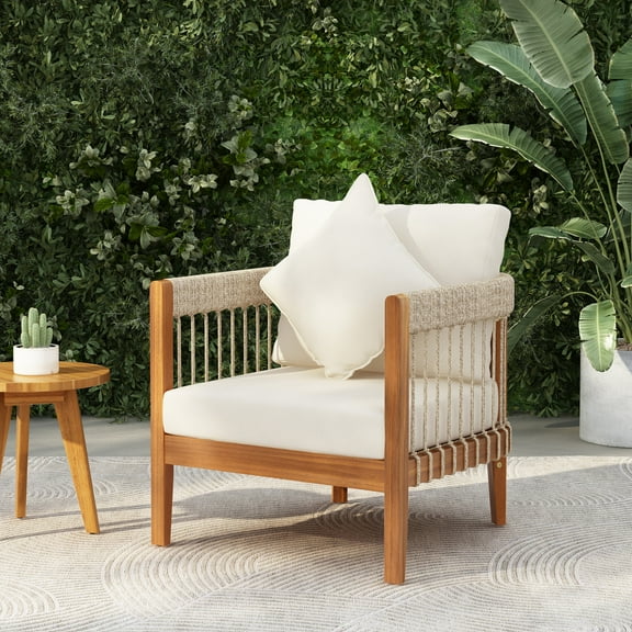 Christopher Knight Home Outdoor Woven Rope Lounge Chair with Cushions, Solid Wood Frame, Beige