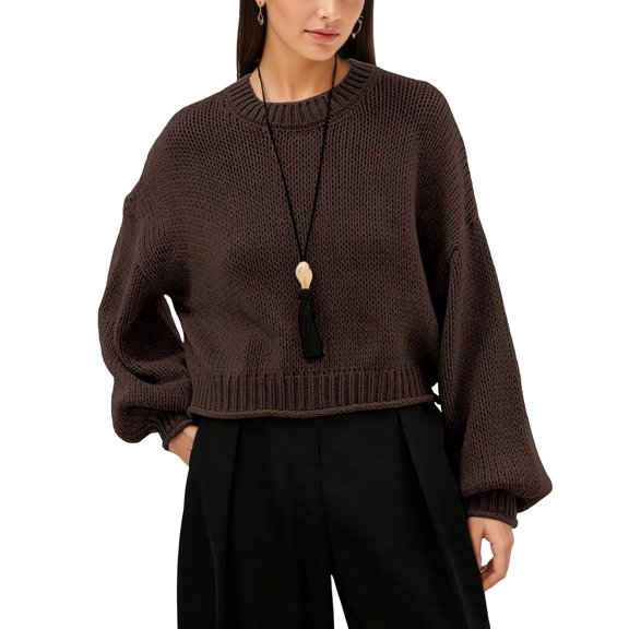 Edvintorg Pullover Sweaters for Women Solid Color Crew Neck Cropped Sweater Long Sleeve Loose Pullover Top Clothes Women Coffee M