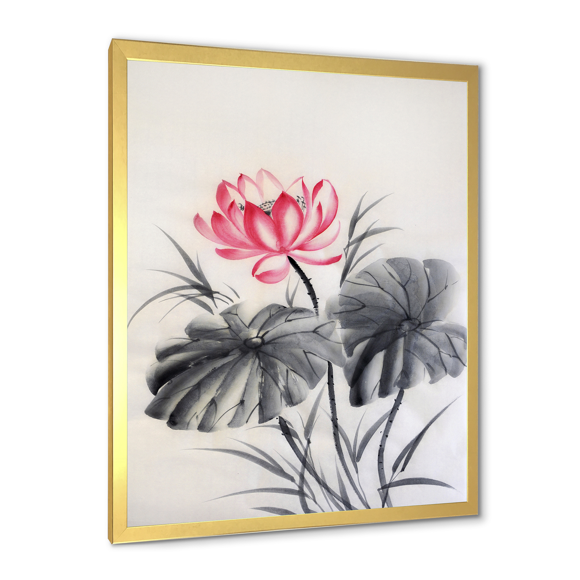Designart 'Two Monochrome Leaves With Lotus Flower' Traditional Framed Art Print