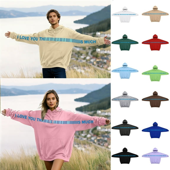 YUEHUA Unisex I Love You Thiiiiiii..s Much Hoodies Valentines Day Trendy Oversized Long Sleeve Couple Sweatshirts