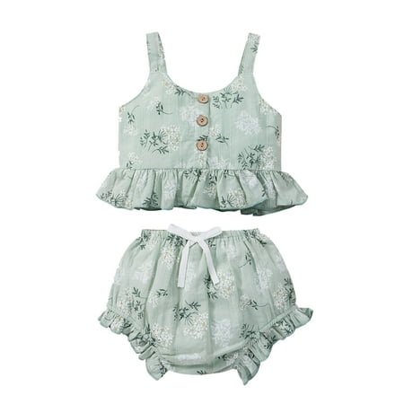 

Toddler Baby Girls Floral Printed Ruffles Suspender Tops Vest+Shorts Outfits For 18-24 Months