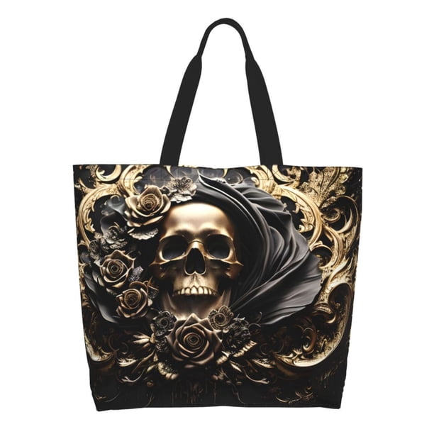 Disketp Gold Rose Skull Bolsa Tote Estampada para Mujer, Bolso de Hombro y de Mano para Compras y Viajes