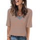 thumbnail image 1 of Camisas Sentuca de manga corta para mujer 2024, blusas informales con cuello en V y rayas sueltas, beige XXXL, 1 of 5