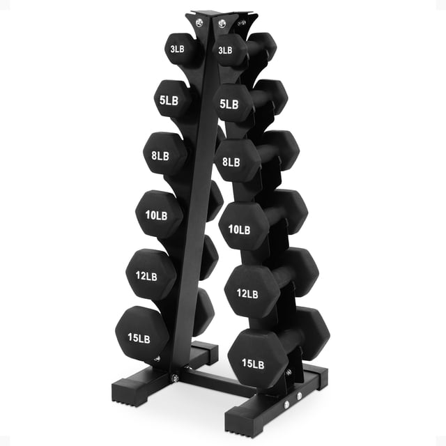 BalanceFrom 106 lb Neoprene Coated Iron Dumbbell Hex Weights Set with Stand, Black