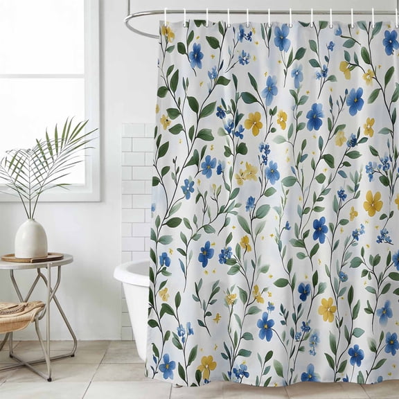 Blue Yellow Spring Floral Waterproof Fabric Shower Curtain,Elegant Summer Botanical Green Waterproof Fabric Shower Curtain for Bathroom Bathtubs Shower Curtains with 12 Hooks Extra Long 72x96
