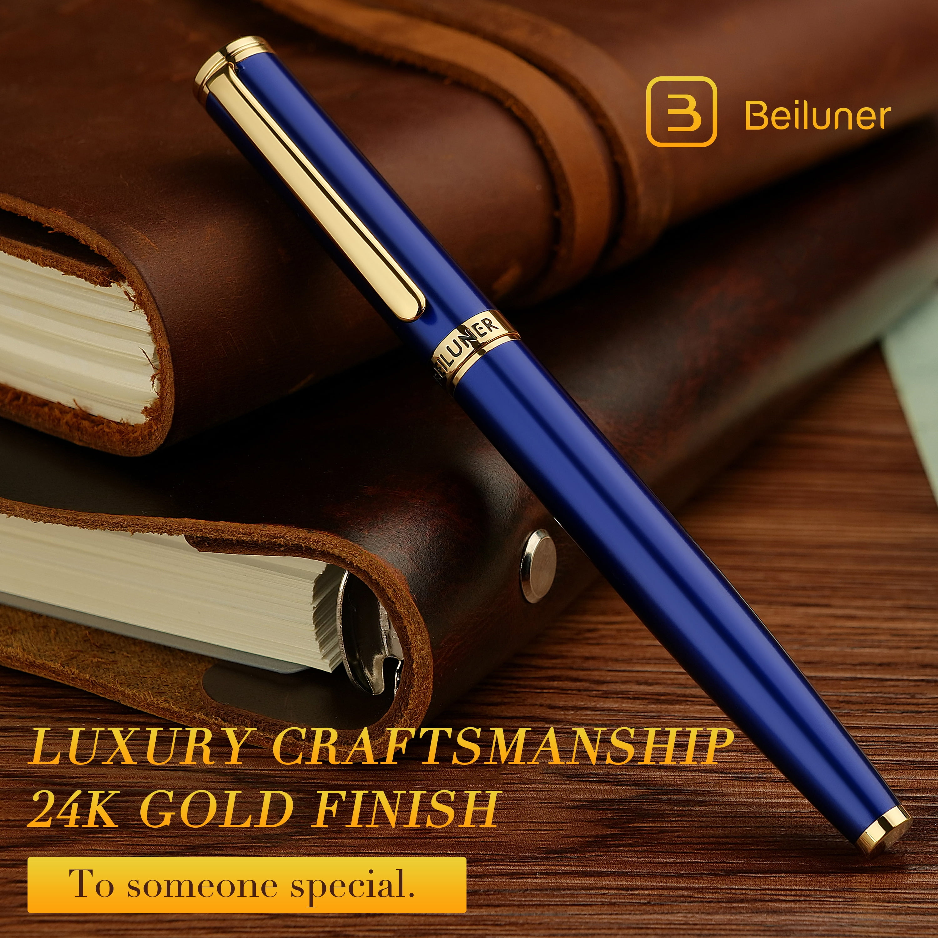 BEILUNER Blue Fountain Pen,Stunning Luxury Pen,24K Gilded Nib(Medium),Gorgeous 24K Gold Finish,German Schneider Ink Converter,Trustworthy Pen Gift for Men&Women-Elegant, Reliable,Nice Pen for Writing