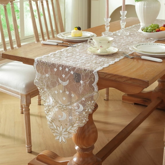 Dalxymotic Embroidered Lace Table Runner, Star Embroidery Floral Wave Table Cover, White Lace Table Runner, Decorative Lace Table Runner for Dining Table, Party, Wedding, Home, Kitchen