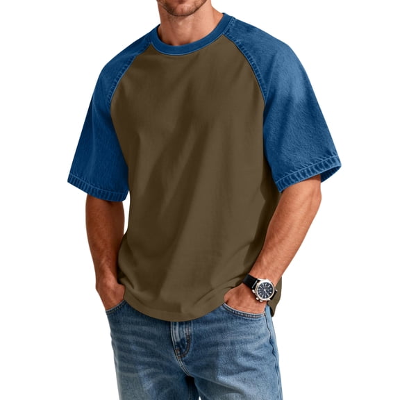 Hearthz Denim Shirt Men Lightweight Patchwork Raglan Mens Shirts Short Sleeve Crew Neck Lightweight Gym Basketball Basketball Jersey Light Brown XXXL