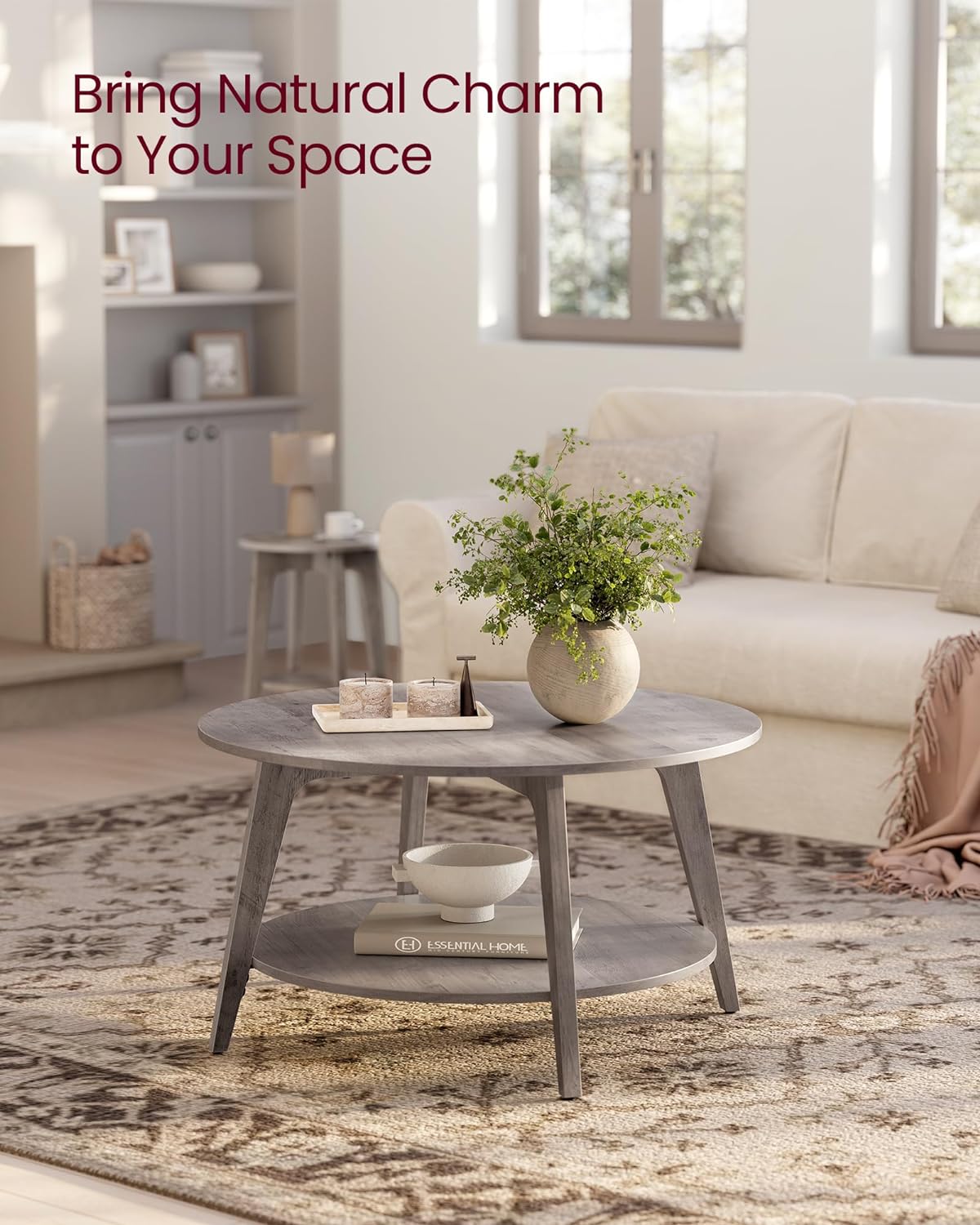 VASAGLE Round Coffee Table, 2 Tier Coffee Table with Storage, for Living Room, 31.5 x 17.7 Inches, Easy to Assemble, Heather Greige