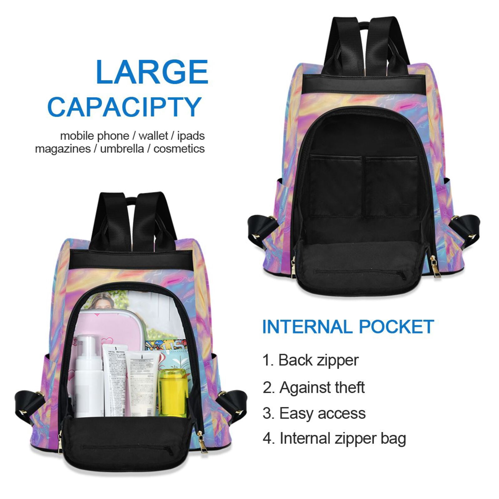 Colorful Hologram Waves Travel Laptops Backpack for Women Anti-theft Casual Work Bag Daypack Lightweight Laptop Bag