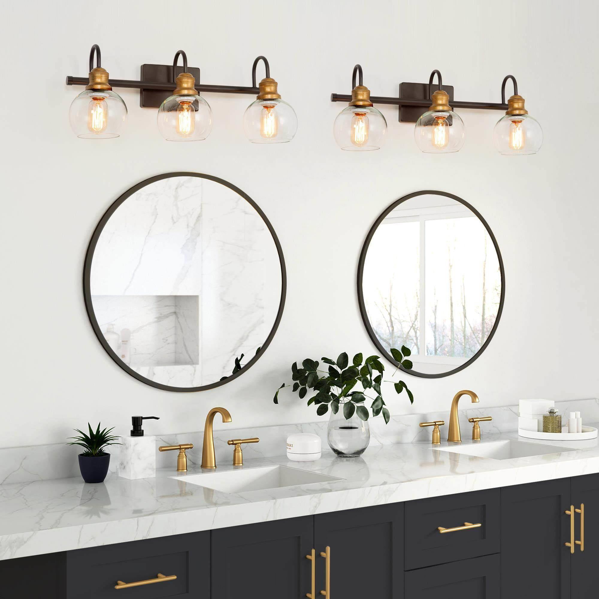 LNC 3-Light Farmhouse Vanity Light in Bronze and Brushed Gold with Globe Glass Shades