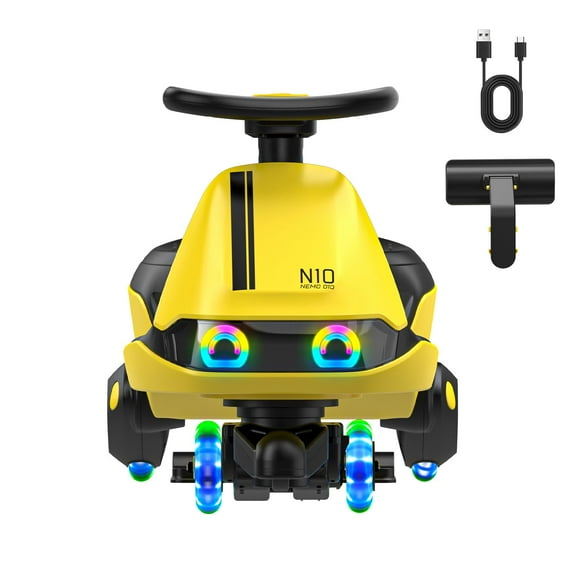 FanttikRide N10 Classic Electric Wiggle Car with Pedal, Type-C Rechargeable Battery, One-Click Detachable Mop, GlideWiz, Anti-Rollover, Flashing Wheels, Bluetooth, for Ages 3 and Up, 150 Lbs, Yellow