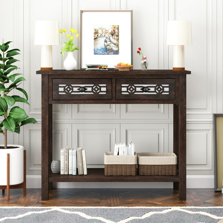 35 Inch Modern Narrow Console Sofa Table with Hollow Out Decoration Two Top Drawers and Open Shelf Large Storage Space for Living Room Entryway Hallway Walmart