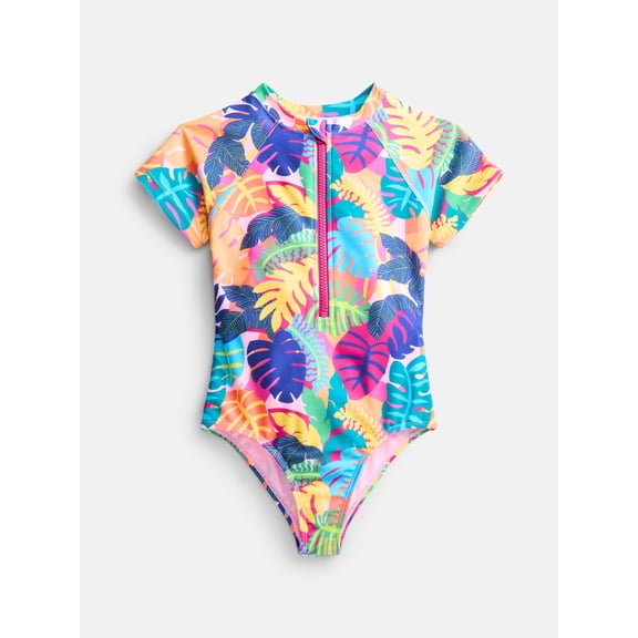 Wonder Nation Girls Zip Rash Guard Swimsuit with Short Sleeves, Sizes 4-16