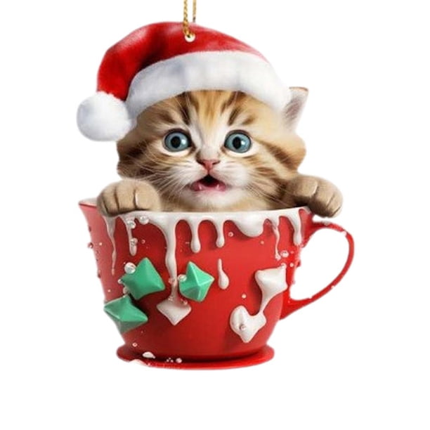 EZLIFE Adornos de gato para árbol de Navidad, decoraciones navideñas de gato, colgante colgante de gato de Navidad con sombreros de Papá Noel, colgante decorativo para árbol de Navidad, decoración de