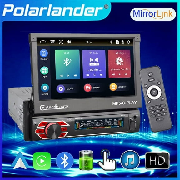 Polarlander 7" Retractable 1 Din Touchscreen Car Stereo with Mirror Link and Multimedia Player