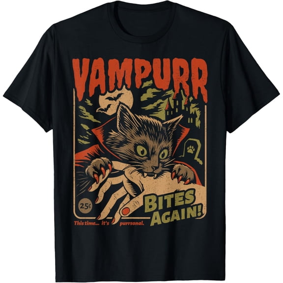Vampurr Bites Again! Funny Cat Halloween Vintage Graphic T-Shirt