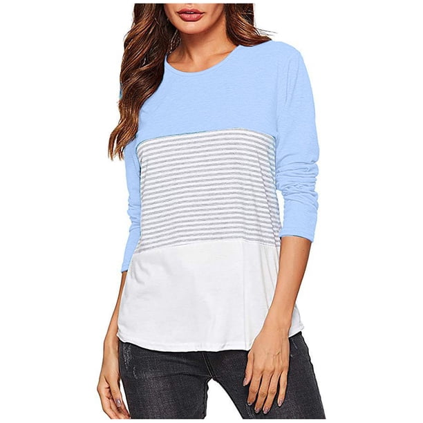Jersey de empalme de cuello redondo de manga larga para mujer, camisa suelta, blusa, camiseta superior Fridja bvmnju2557