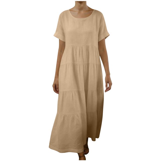 FRSASU Robe en Coton et Lin Femme à Manches Courtes Col Rond Robe Maxi Bohème Décontractée Été Modeste Longue Fluide Plage Vacances Robes Kaki m(m)