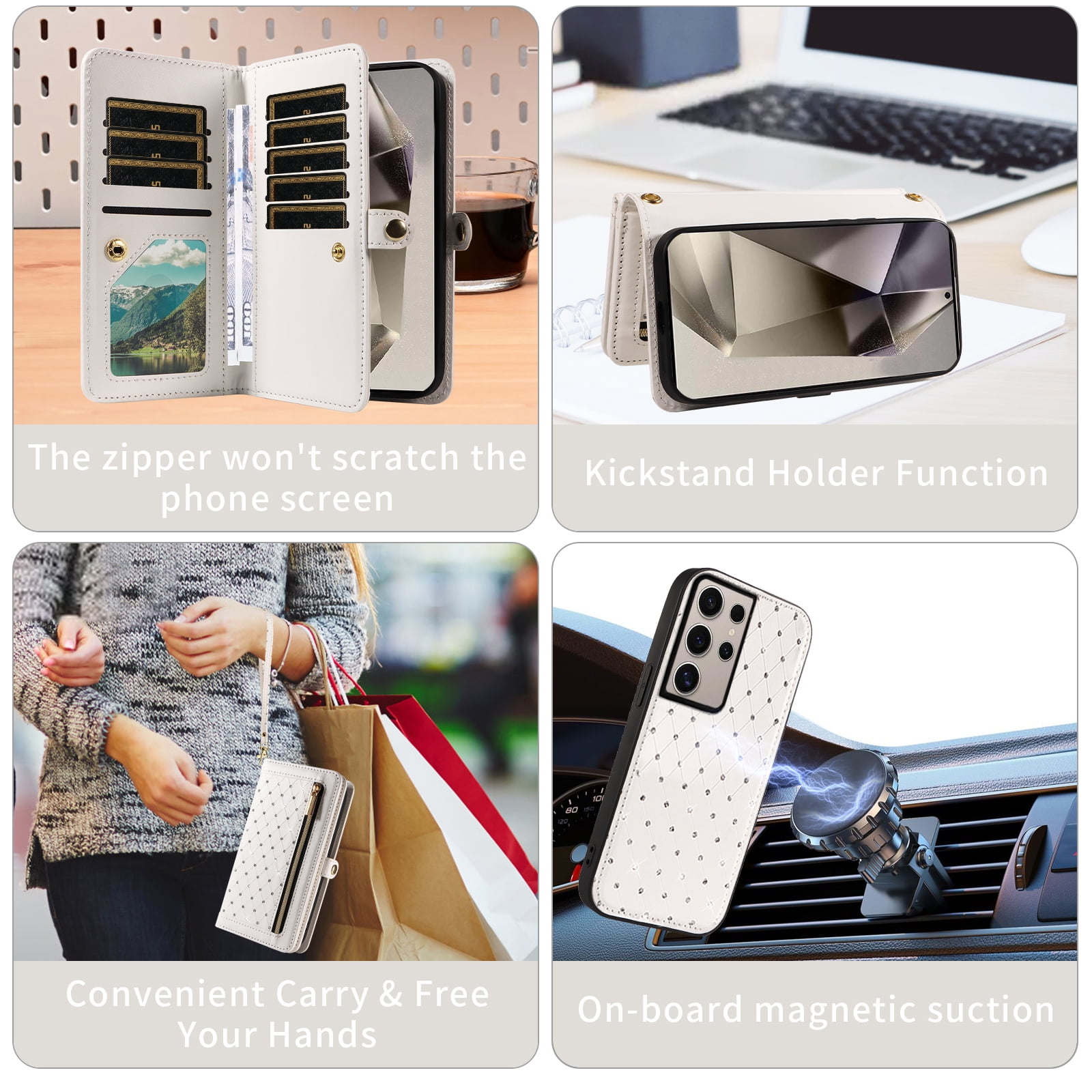 Asuwish Phone Case for Samsung Galaxy S25 Ultra 5G Zipper Wallet Detachable Cell Cover with Tempered Glass Screen Protector Crossbody Lanyard Strap Bling Glitter Flip Card Holder Slot S25Ultra White
