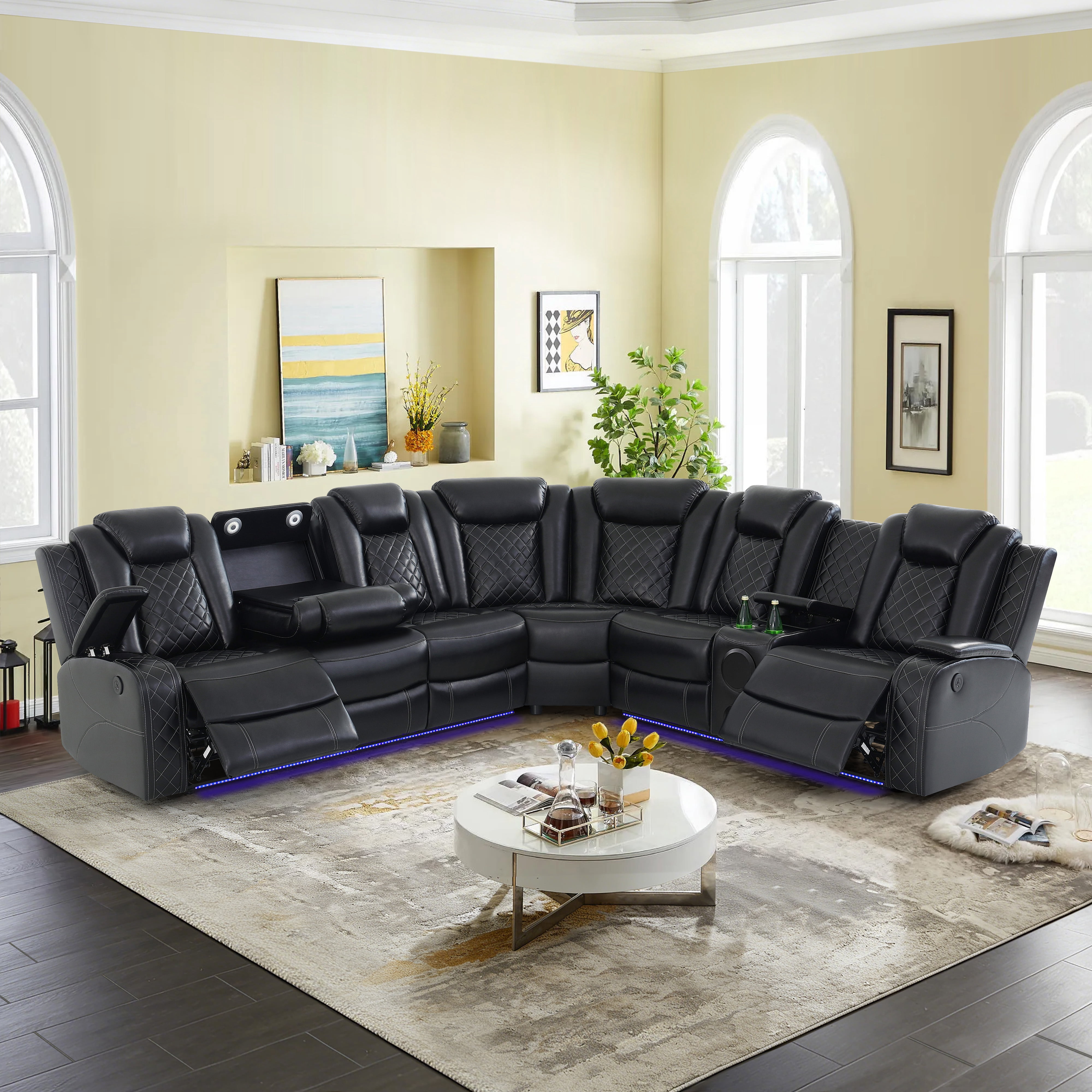 Gewnee Oversized Reclining Corner Sectional Couch, Power Reclining with Hidden‑Storage Armrest, Air Leather, Bluetooth Speakers, Wireless & USB Charging, Cup Holders, for Living Room, Black