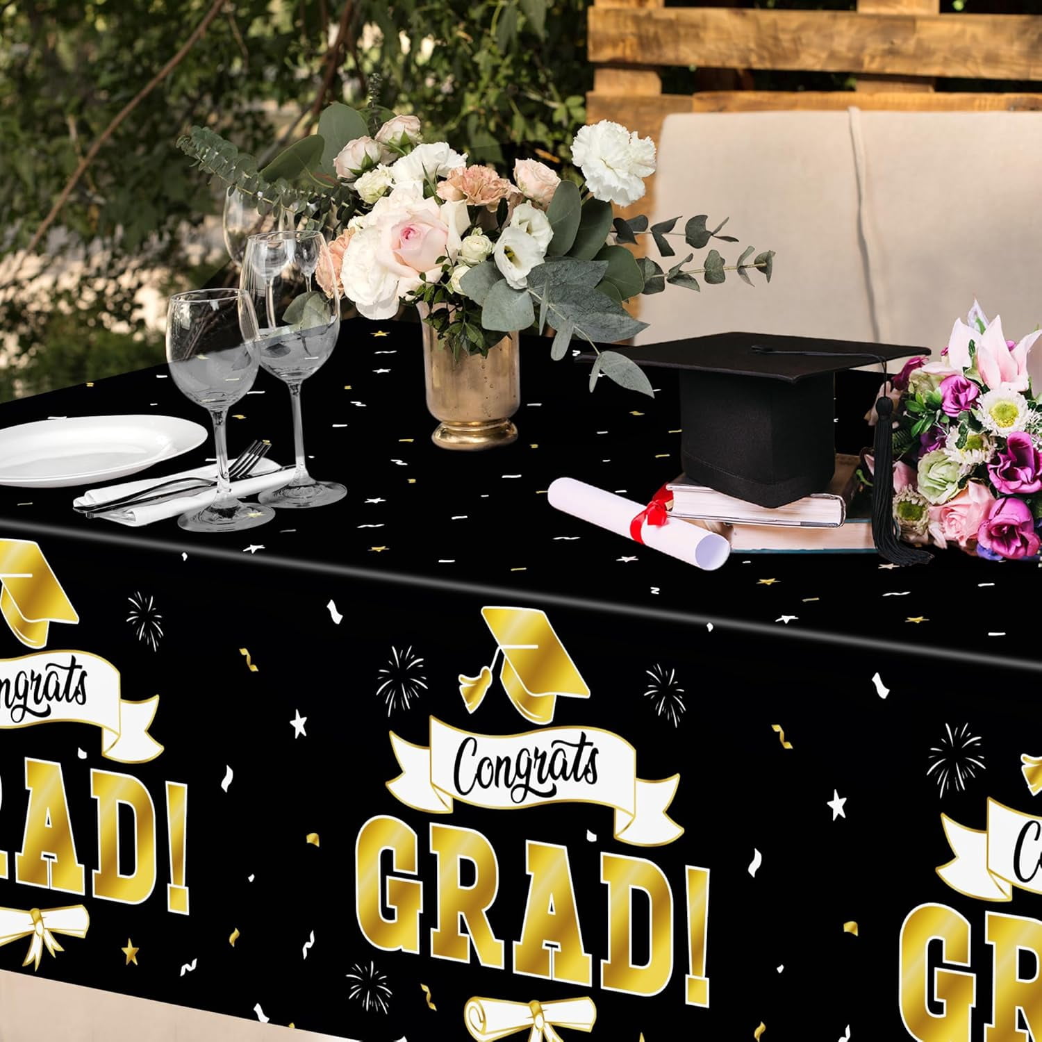 2Pack Graduation Decorations 2026, 108" X 54" Graduation Tablecloth, Blackgold Rectangle Class of 2026 Table Cloths, Disposable Plastic Congrats Grad Tablecover for Grad Party Favors Supplies