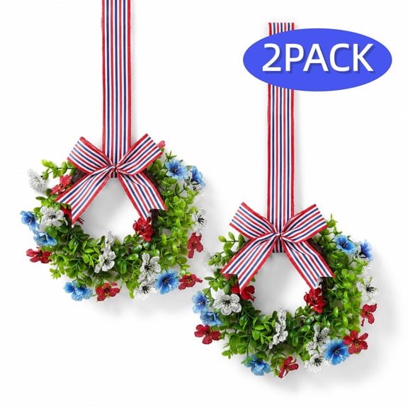 4th of July Mini Wreaths for Cabinets Patriotic Window Wreath Red White and Blue Artificial Hanging Wreaths Candle Rings for Independence Day Memorial Day Porch Front Décor 2Pcs