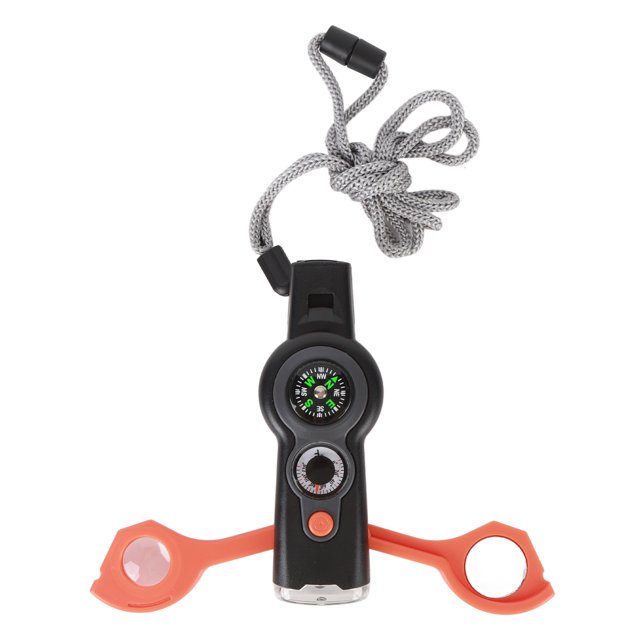 7 in 1 Loud Emergency Survival Whistle with Lanyard, Multifunctional Tool with Compass Thermometer Reflecting Mirror Magnifiers LED Lights for Outdoor Hiking