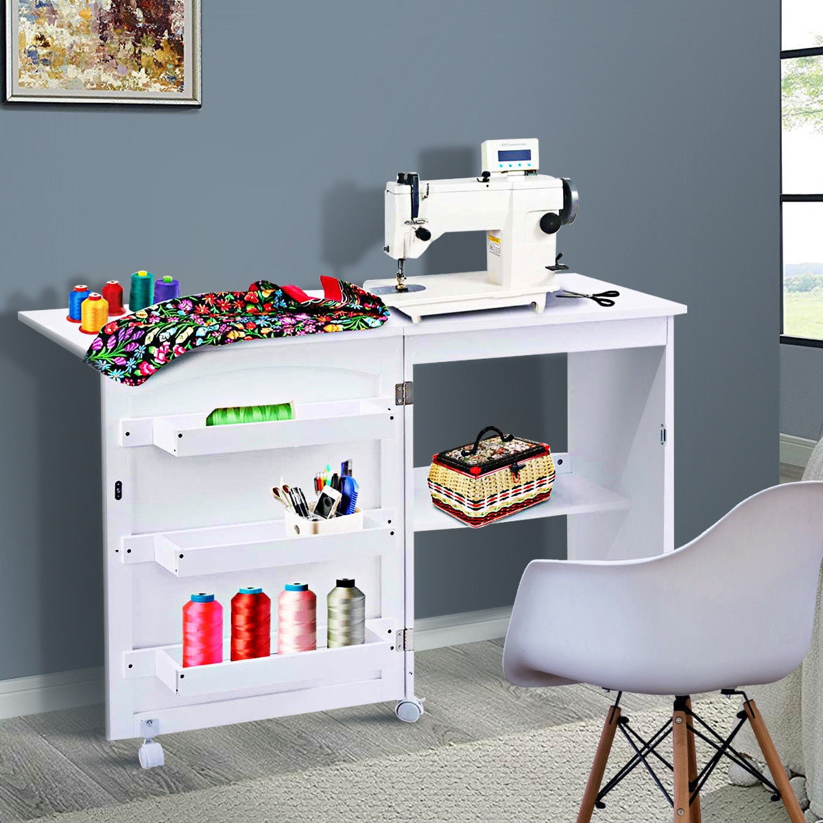 Sewing Cabinet Folding Table with Christmas Lights Bundle Sewing/Craft Center White 
