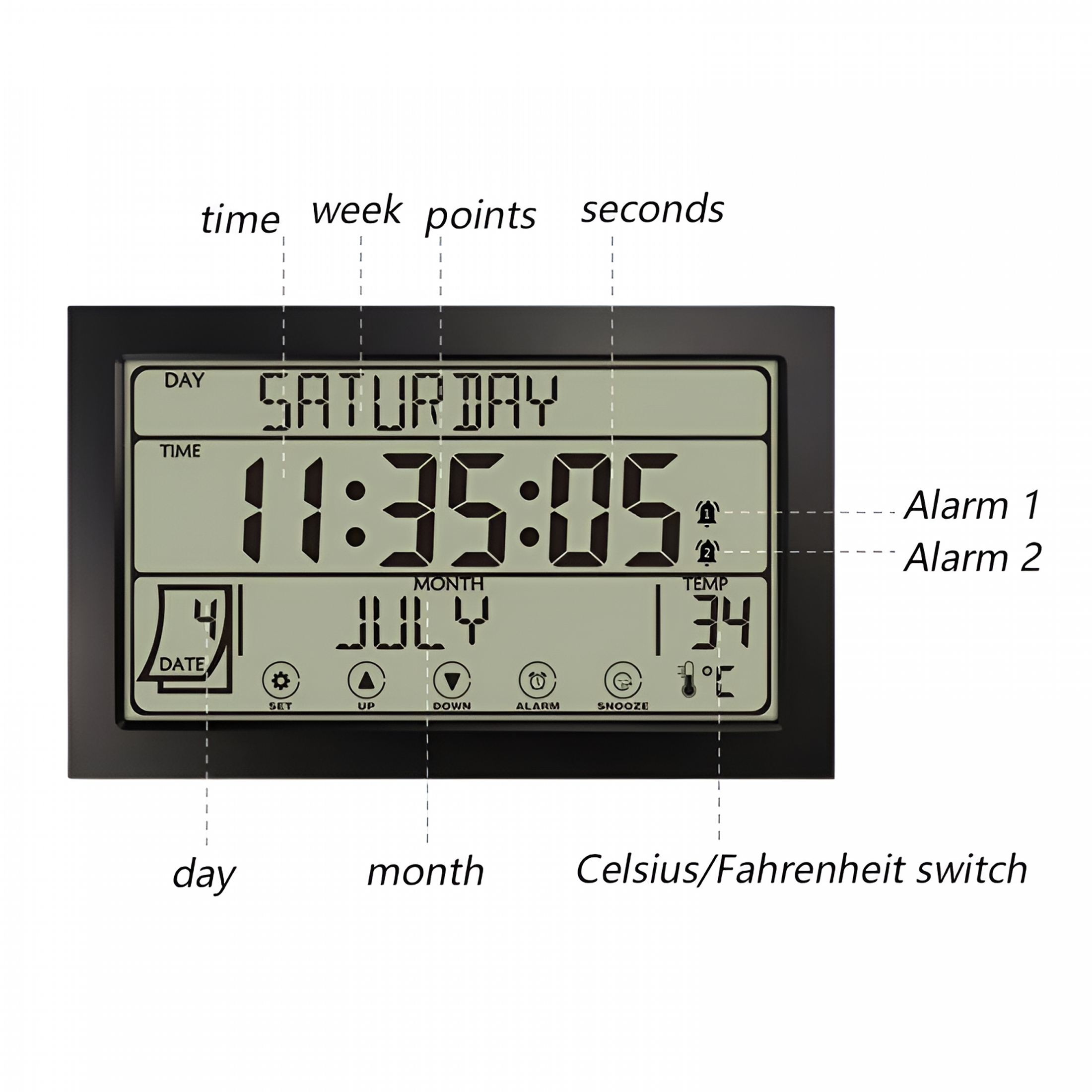 DESIGNICE 2026 New Auto Set Digital Wall Clock Battery Operated,Digital Wall Calendar,Desk Clocks with Temperature,Humidity,Display Digital Calendar Alarm Clock for Elderly,Bedroom,Office,Black
