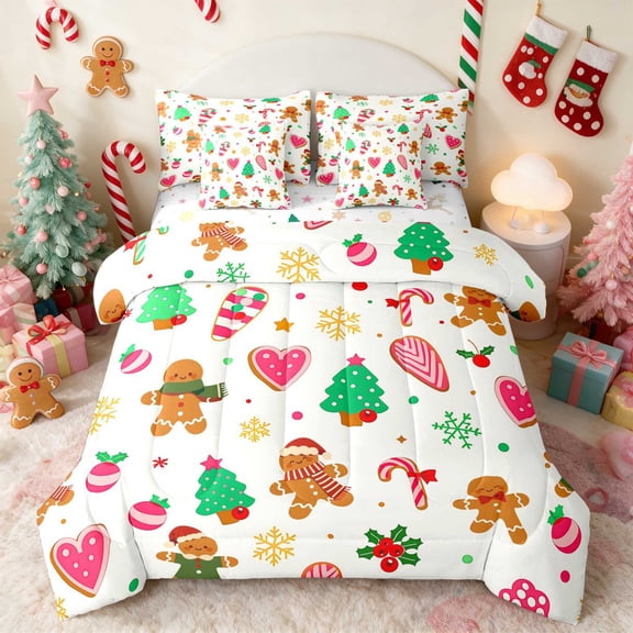 Manfei Christmas Twin Bedding 7pcs Icon Bedding Comforter Set, Teal White, Xmas Reversible