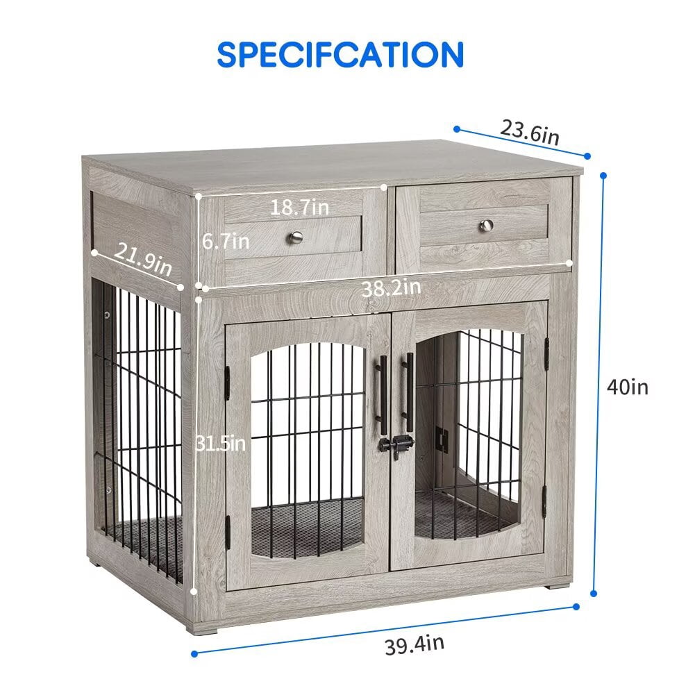 Large Dog Crate Furniture, 39.4" Wood Dog Kennel with Double Doors, Heavy Duty Dog Cage End Table with 2 Drawers, for Medium/Large Dogs, Rustic Gray