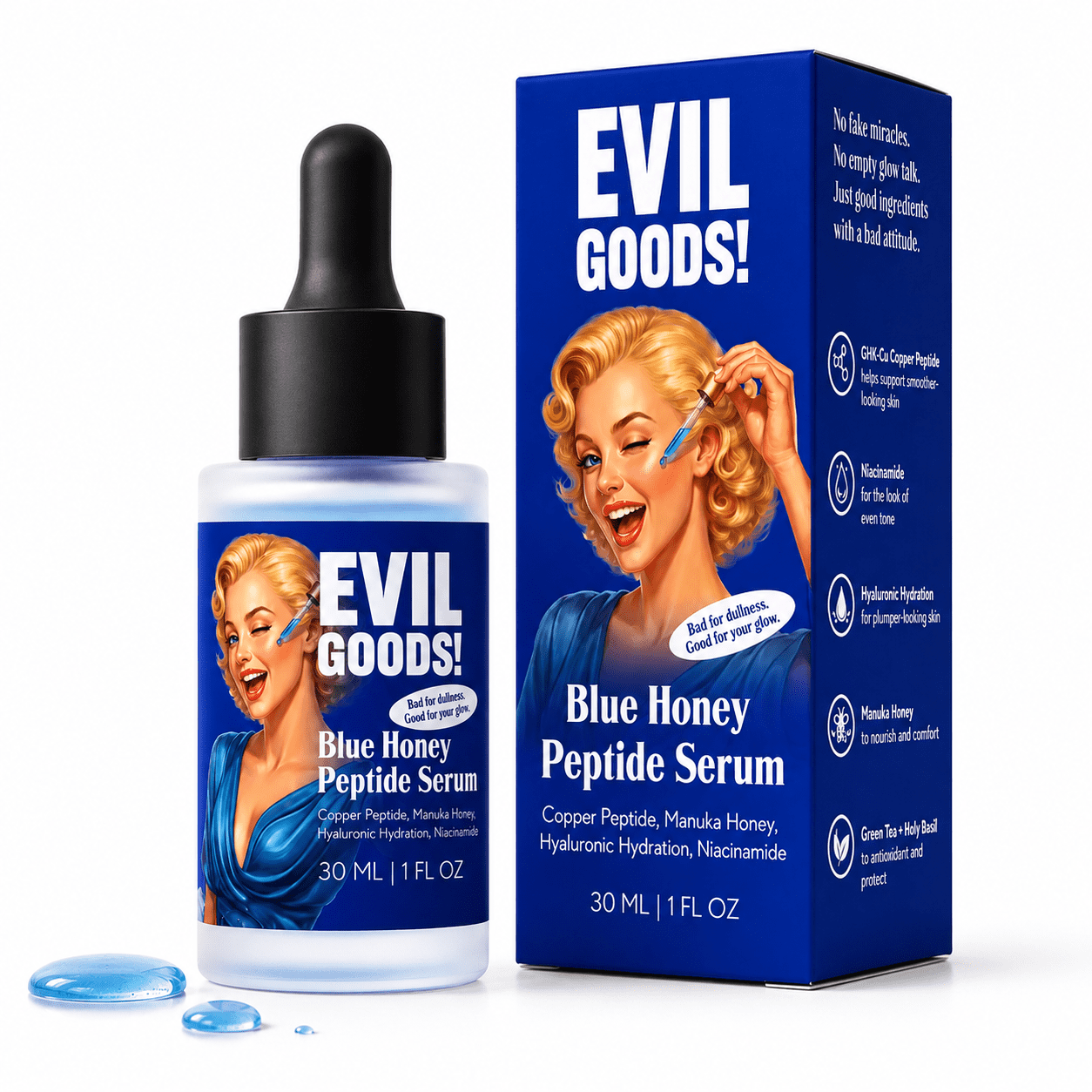 Blue Honey Peptide Serum – Hydrating Copper Peptide Face Serum with Niacinamide, Hyaluronic Acid & Manuka Honey, 1 fl oz