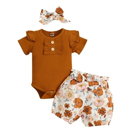 

MPWEGNP Girls Short Sleeve Ribbed Romper Bodysuit Floral Prints Shorts Headbands Outfits Robe 5t T Shirt