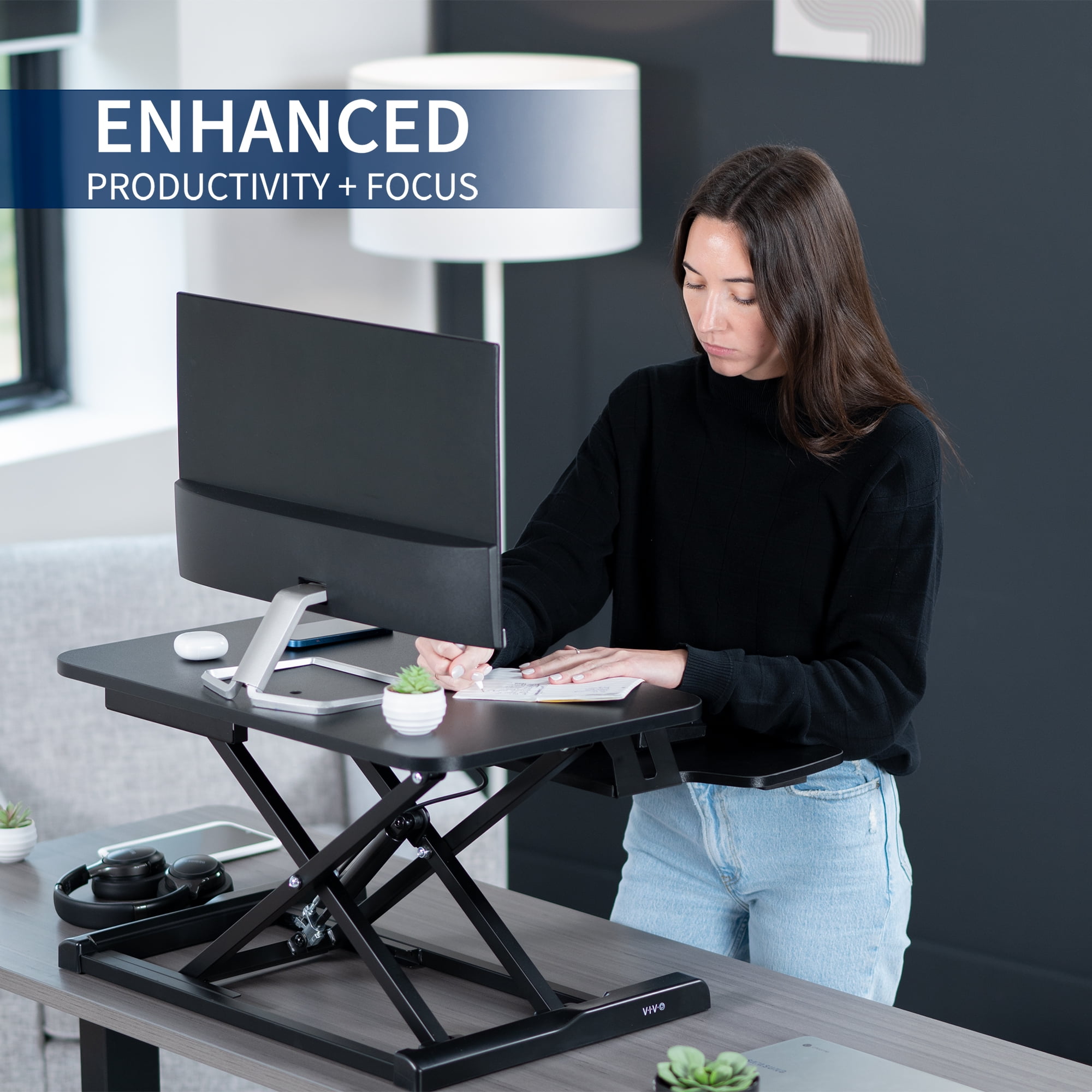 VIVO Black Height Adjustable 28" Standing Desk Monitor Riser, Sit Stand Tabletop