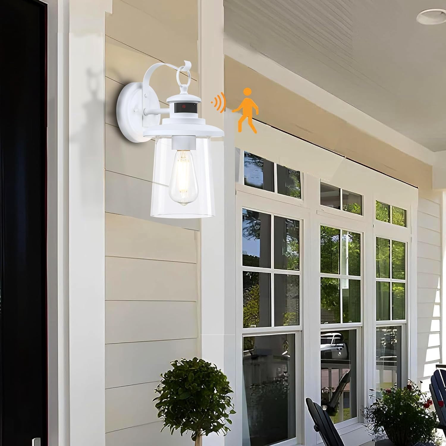 Revtronic Motion Sensor Outdoor Wall Lantern, Modern Dusk to Dawn Porch Wall Lighting Sconce, Matte White