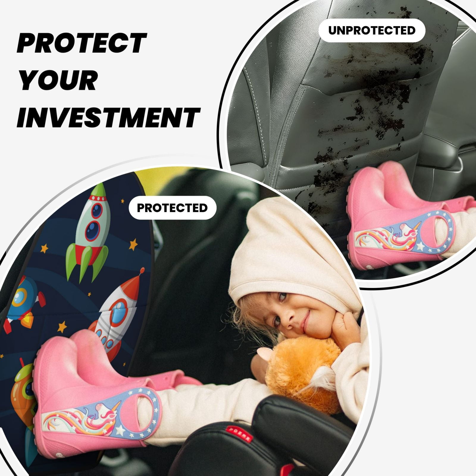 Kdxio Spaceships and Stars Print 2 Pack Car Kick Mat Seat Cover Back Protector Mat with Pockets for Organizer Backseat Protector and Storage Anti Kick Pad for Vehicles