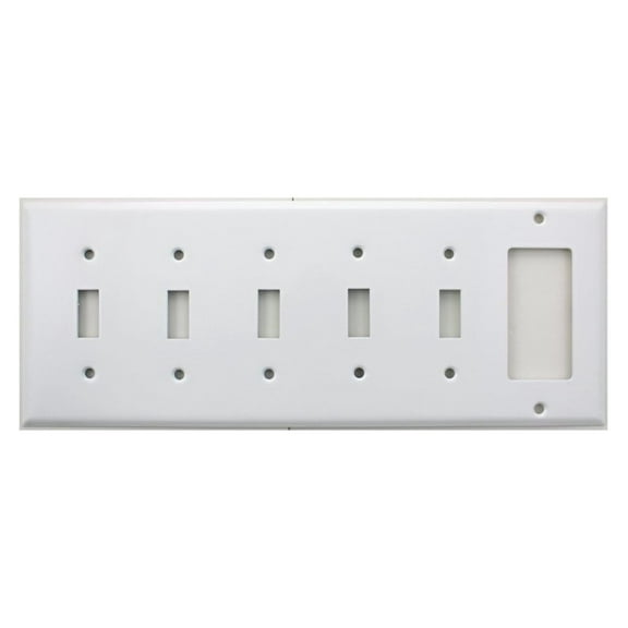 Stamped Steel Smooth White 6 Gang Wall Plate - 5 Toggle Switches 1 GFI/Rocker Opening