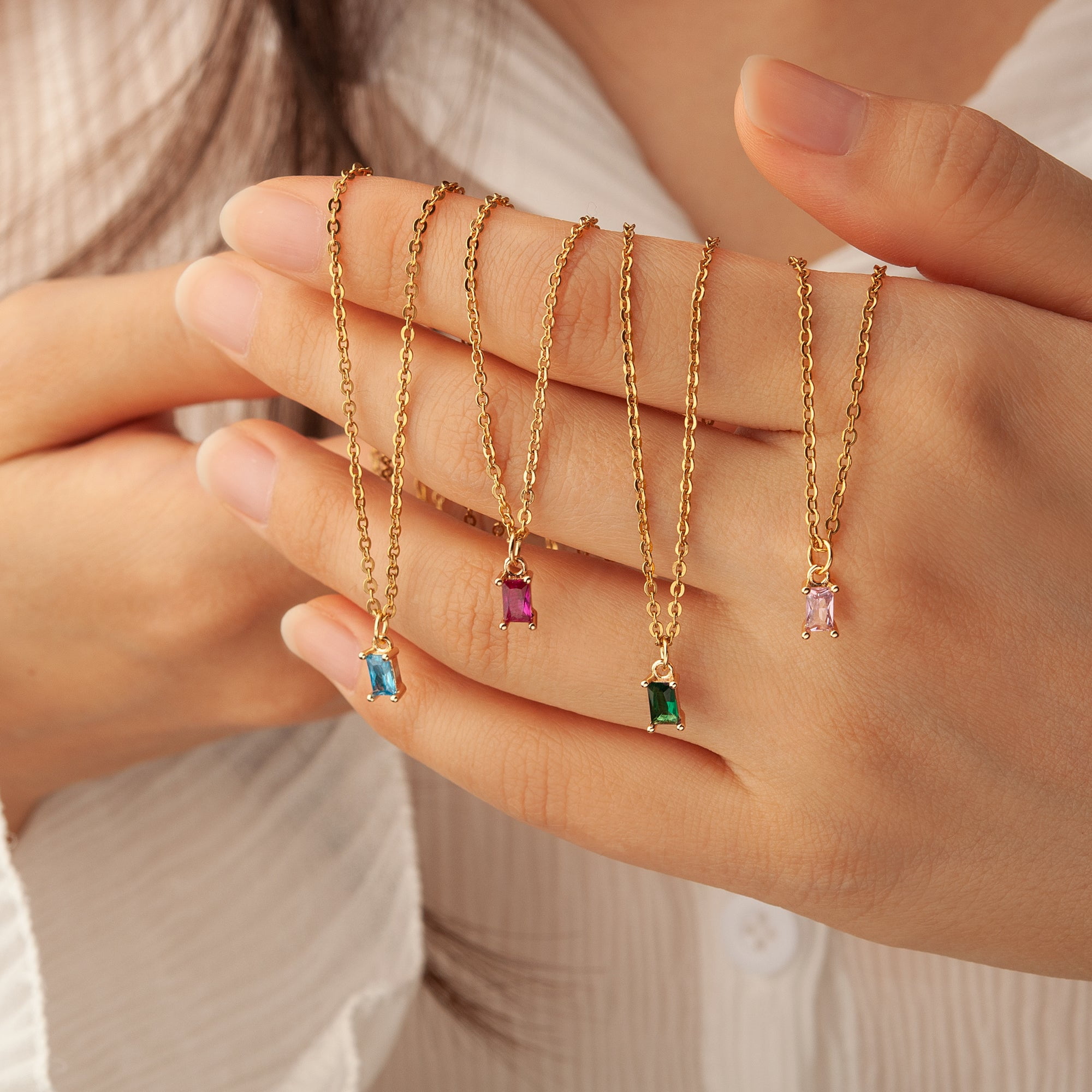 Anavia Diamond Necklaces 14K Gold Plated Birthstone Necklace for Women Mothers Minimalist Baguette Birthstone Necklace Cubic Zirconia Pendant Necklace Birthday Gifts